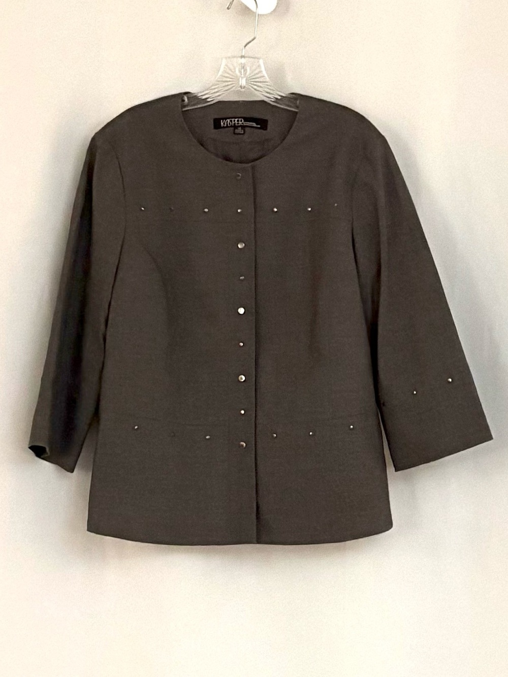 Kasper Women's Dark Gray Stud-Accent Collarless 3/4 Sleeve Blazer